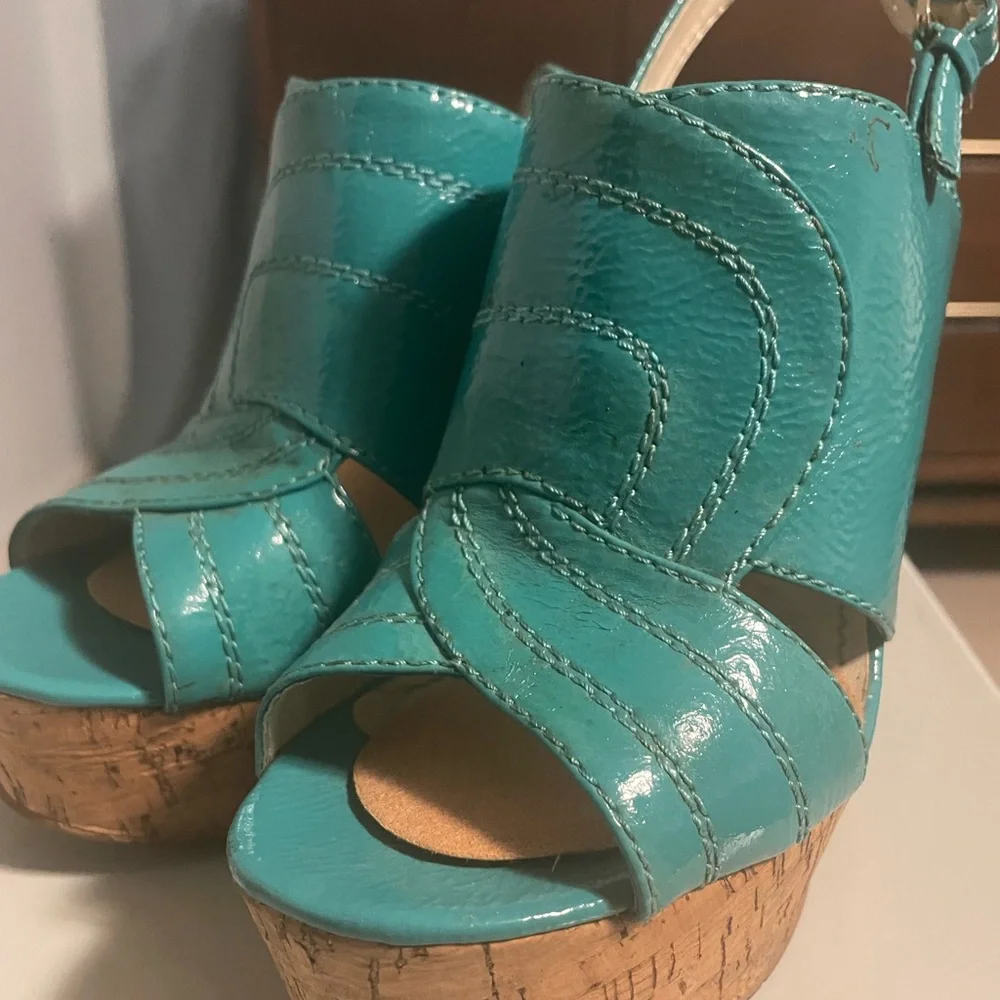 Turquoise Platform Cork Heel Sandals - Women's